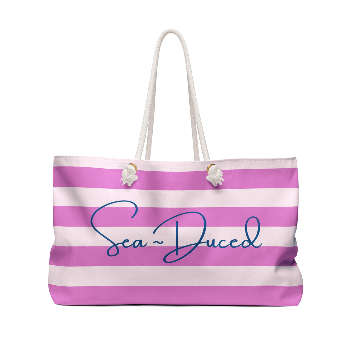Sea-Duced Pink Striped Beach Tote Bag | Coastal Weekender & Travel Tote